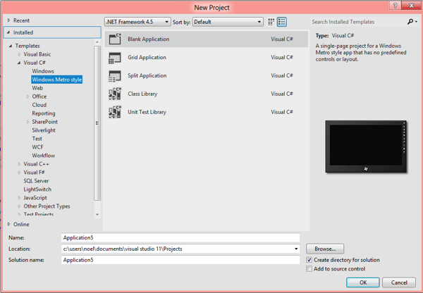 MetroStyle VS11 NewProject