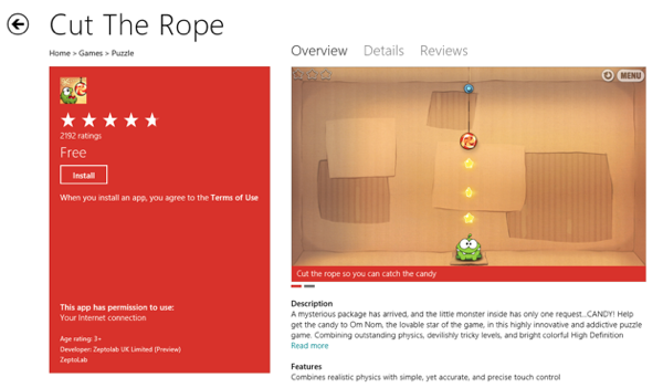 Windows 8 Market  Cut The Rope Game App RS