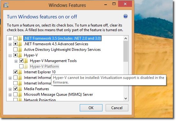 Windows8 Feature  HyperV Disabled withMessage