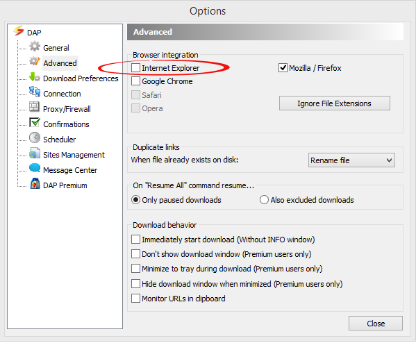 Download Accelerator Plus  Disable IE Integration