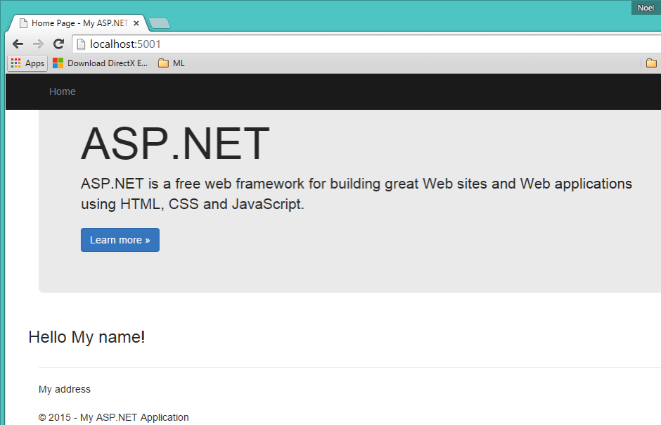 Sample ASP NET 5 Website running